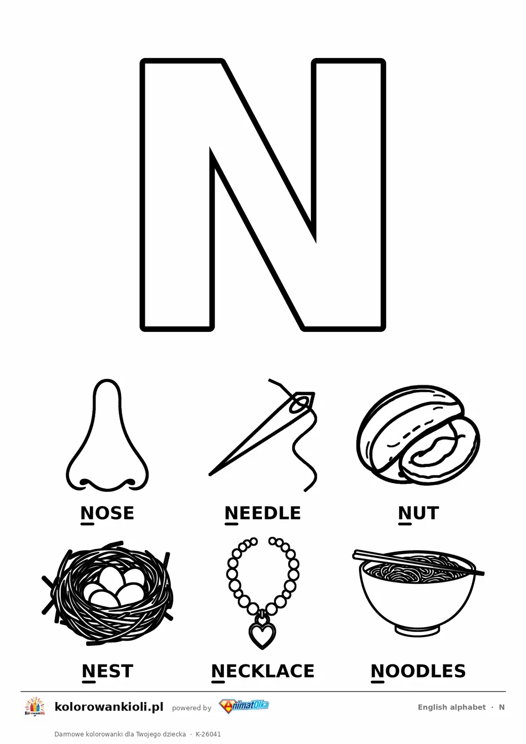 Angielski alfabet, litera N do kolorowania i sześć obrazków: nose, needle, nut, nest, necklace, noodles — karta do druku