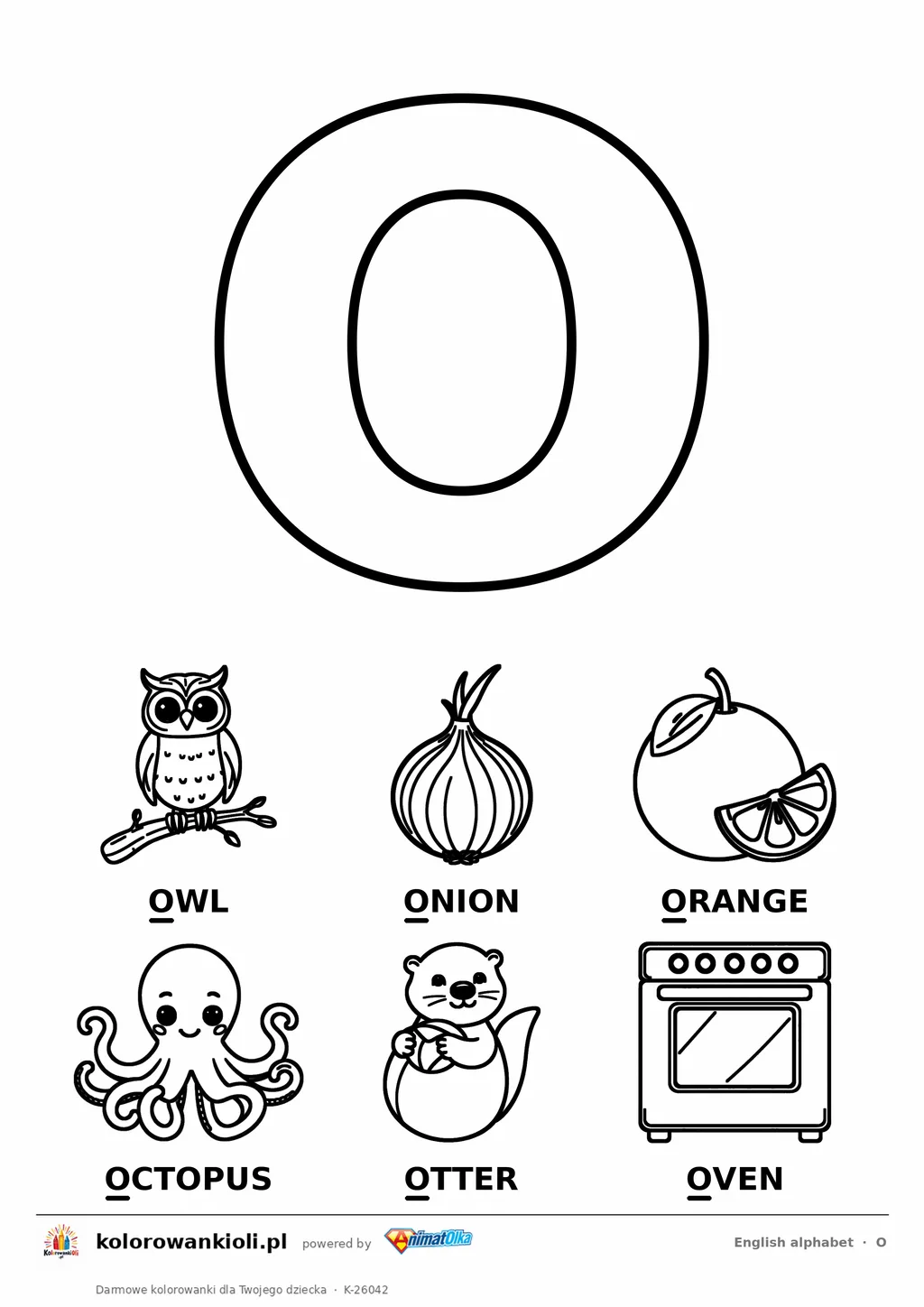 Angielski alfabet, litera O do kolorowania i sześć obrazków: owl, onion, orange, octopus, otter, oven — karta do druku