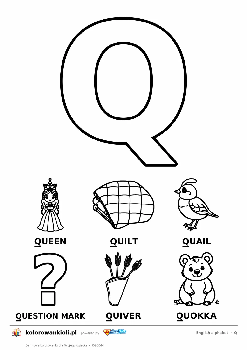 Angielski alfabet, litera Q do kolorowania i sześć obrazków: queen, quilt, quail, question mark, quiver, quokka — karta do druku