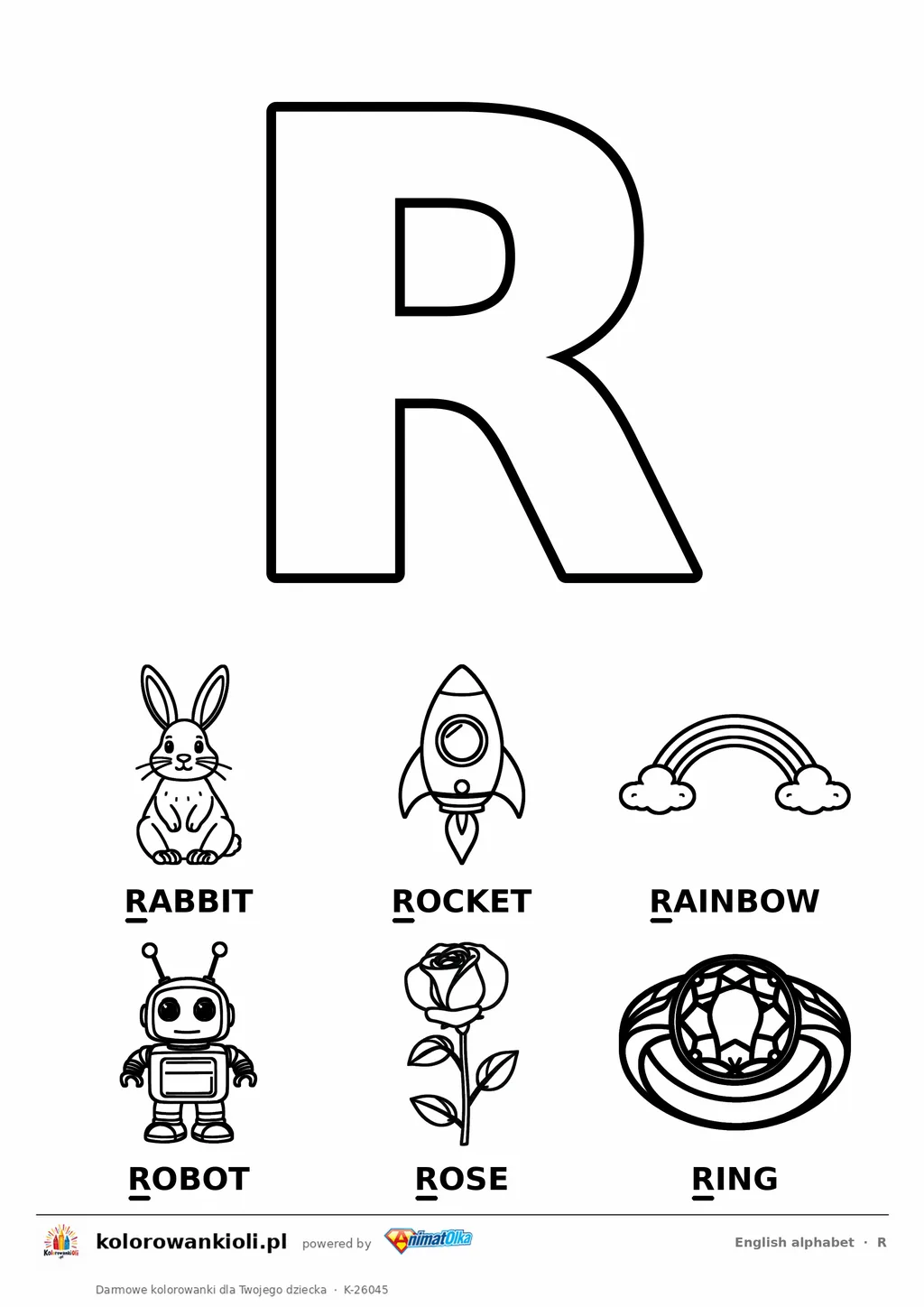 Angielski alfabet, litera R do kolorowania i sześć obrazków: rabbit, rocket, rainbow, robot, rose, ring — karta do druku