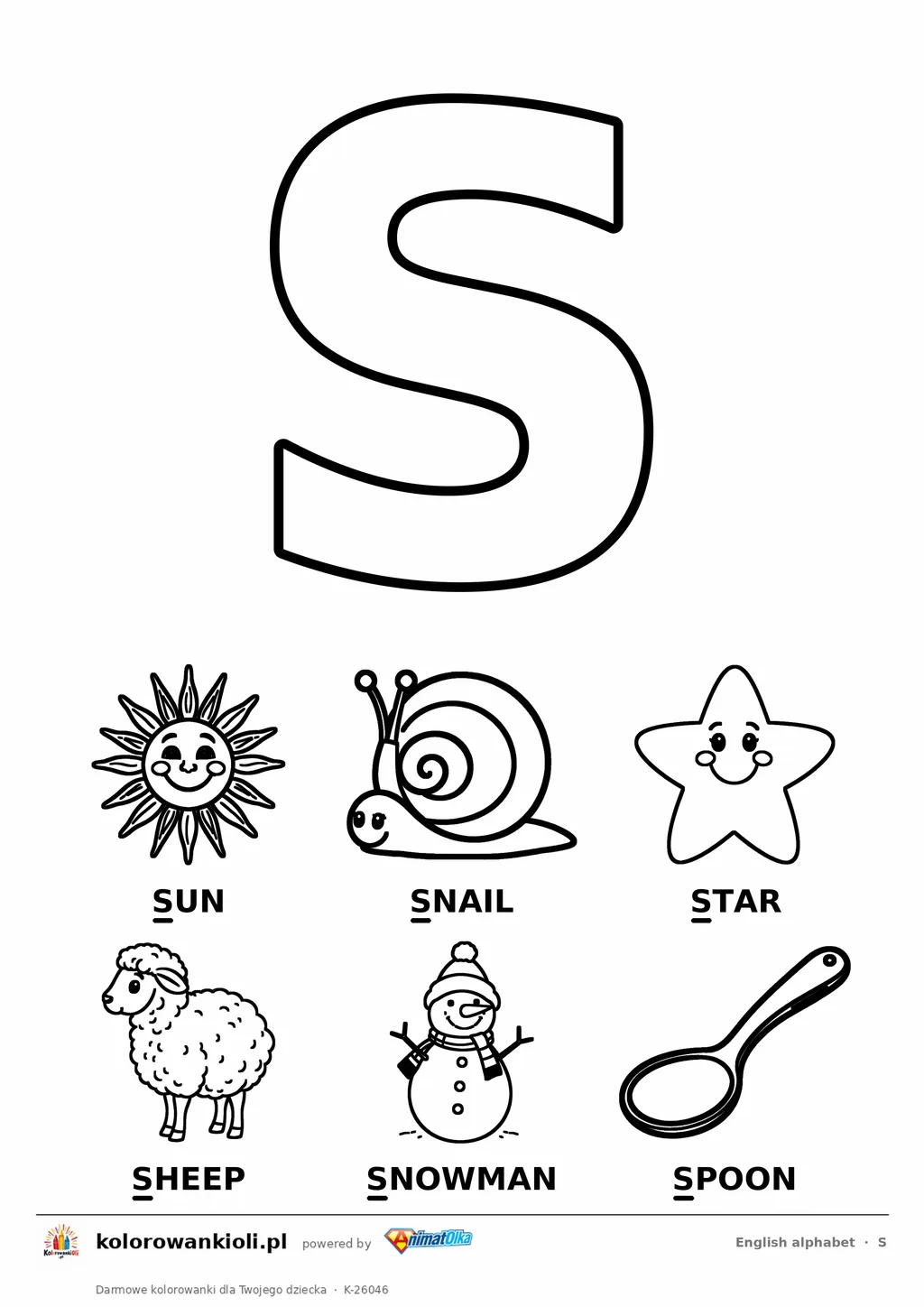 Angielski alfabet, litera S do kolorowania i sześć obrazków: sun, snail, star, sheep, snowman, spoon — karta do druku