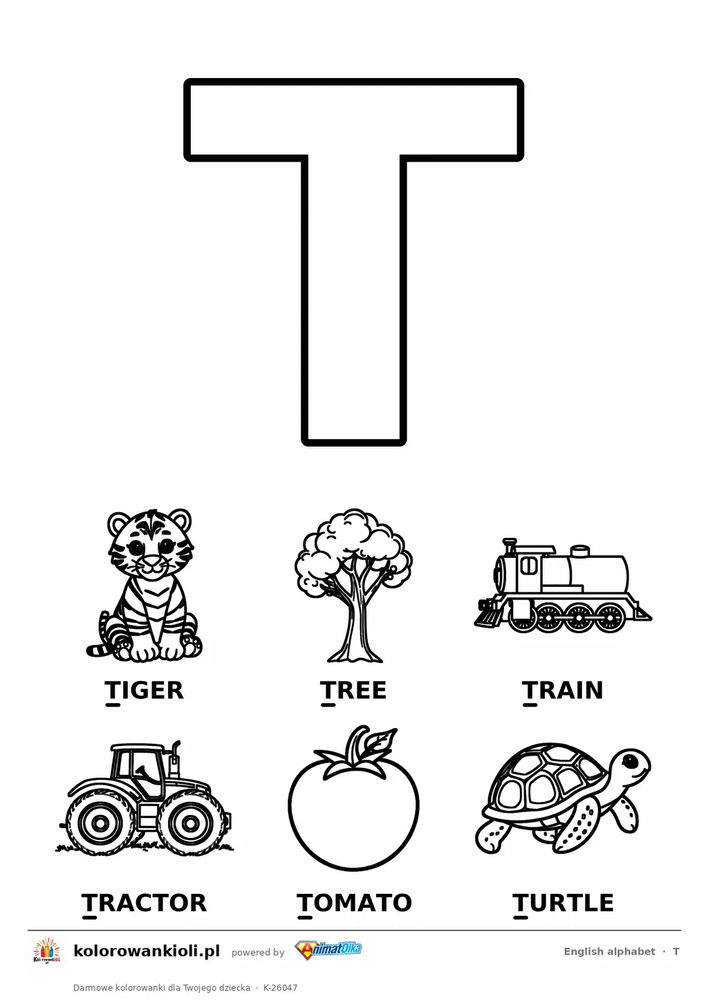 Angielski alfabet, litera T do kolorowania i sześć obrazków: tiger, tree, train, tractor, tomato, turtle — karta do druku