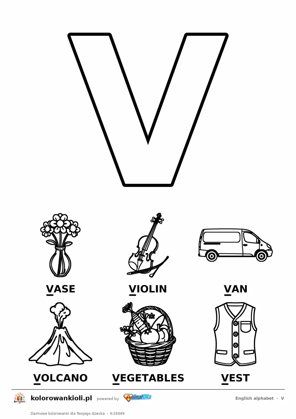 Angielski alfabet, litera V do kolorowania i sześć obrazków: vase, violin, van, volcano, vegetables, vest — karta do druku