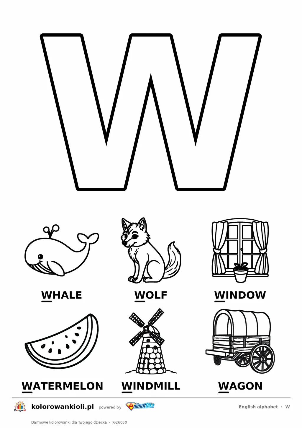 Angielski alfabet, litera W do kolorowania i sześć obrazków: whale, wolf, window, watermelon, windmill, wagon — karta do druku