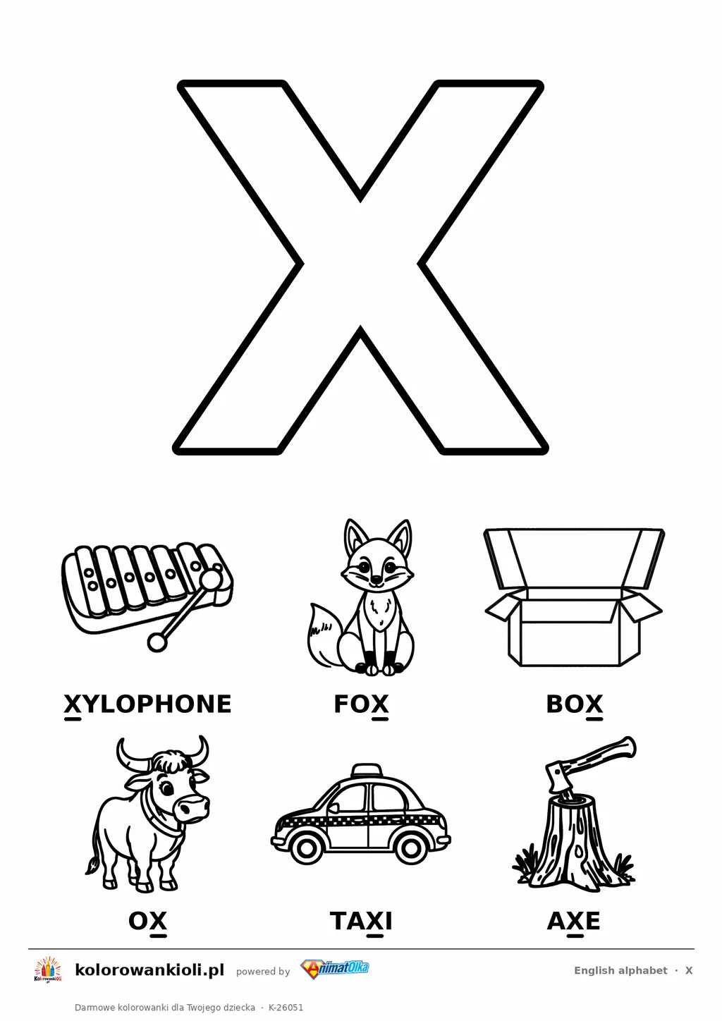 Angielski alfabet, litera X do kolorowania i sześć obrazków: xylophone, fox, box, ox, taxi, axe — karta do druku