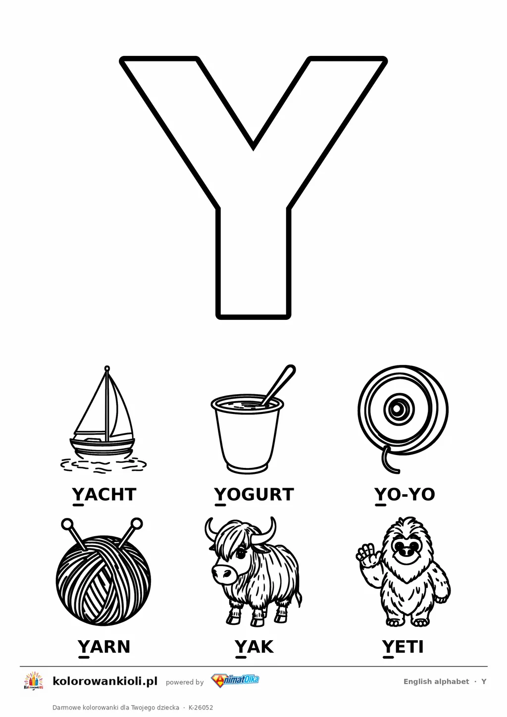 Angielski alfabet, litera Y do kolorowania i sześć obrazków: yacht, yogurt, yo-yo, yarn, yak, yeti — karta do druku
