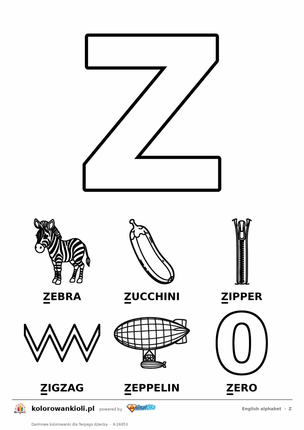 Angielski alfabet, litera Z do kolorowania i sześć obrazków: zebra, zucchini, zipper, zigzag, zeppelin, zero — karta do druku
