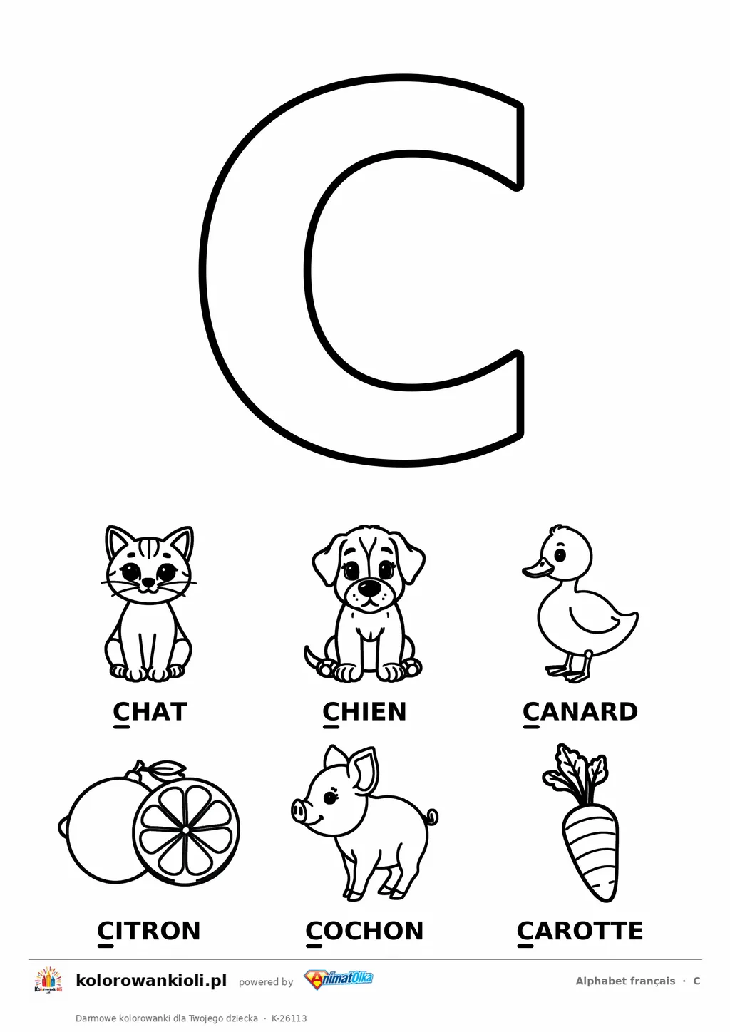 Alfabet francuski, litera C do kolorowania i sześć obrazków: chat, chien, canard, citron, cochon, carotte — karta do druku