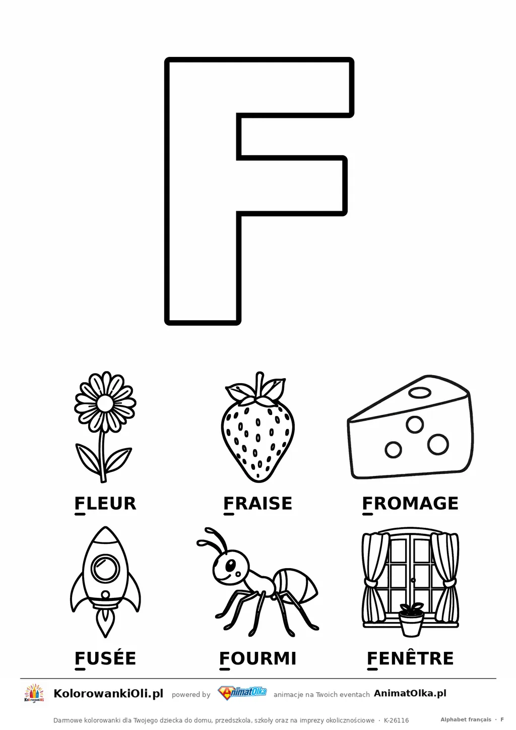 Alfabet francuski, litera F do kolorowania i sześć obrazków: fleur, fraise, fromage, fusée, fourmi, fenêtre — karta do druku