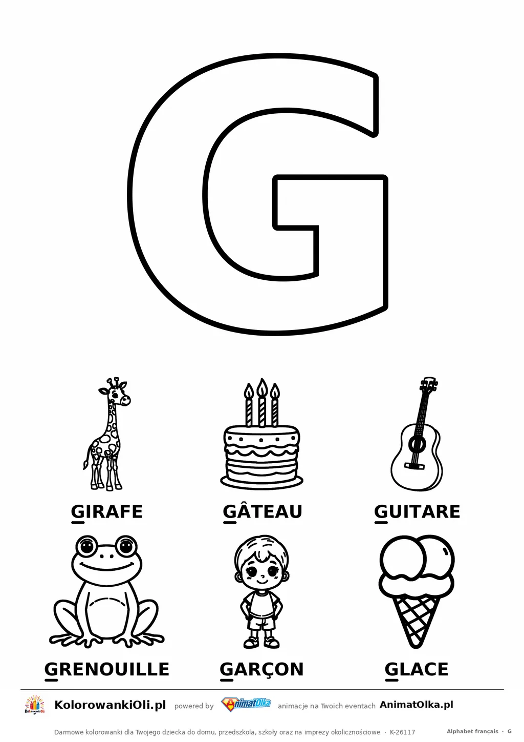 Alfabet francuski, litera G do kolorowania i sześć obrazków: girafe, gâteau, guitare, grenouille, garçon, glace — karta do druku