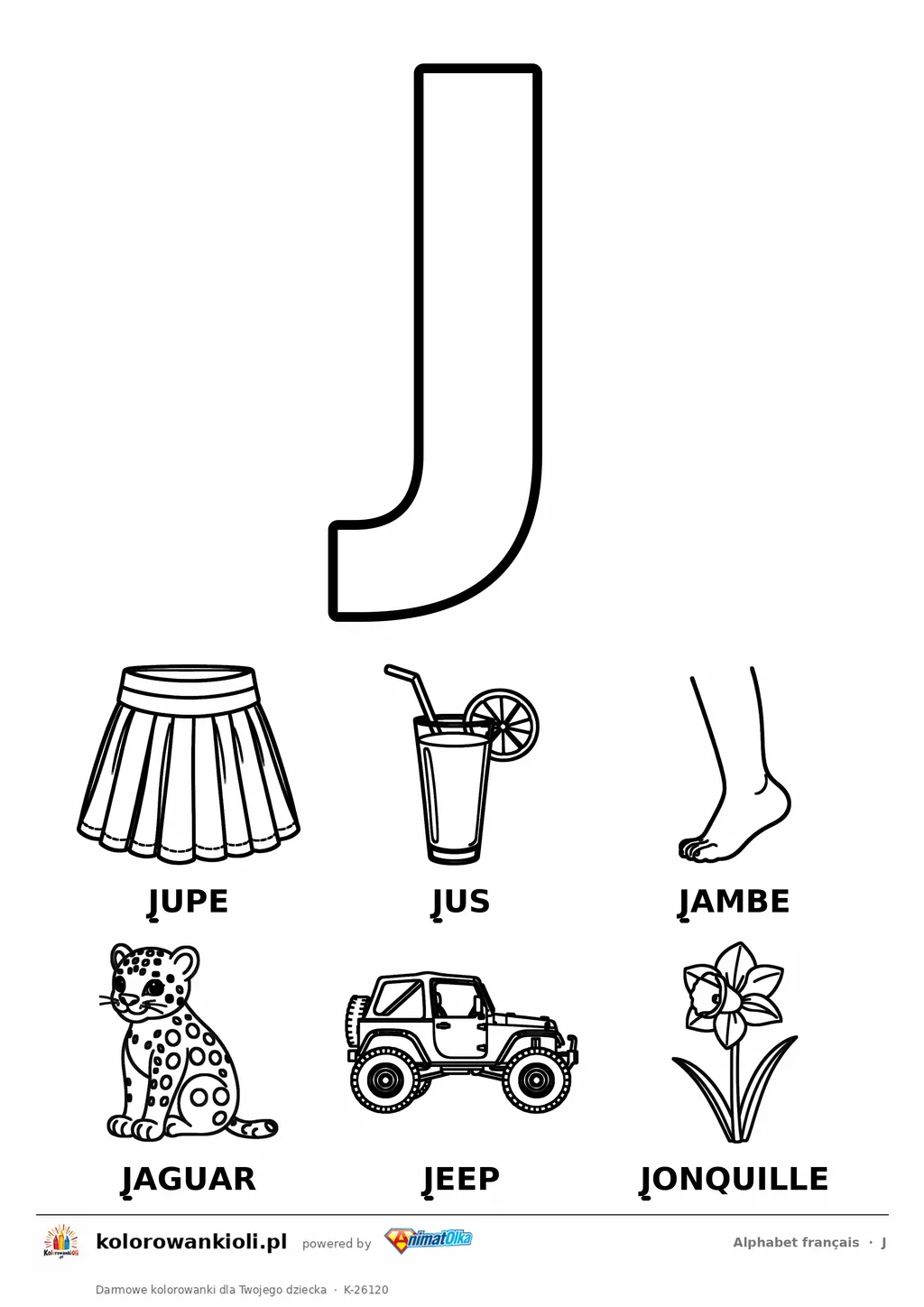 Alfabet francuski, litera J do kolorowania i sześć obrazków: jupe, jus, jambe, jaguar, jeep, jonquille — karta do druku