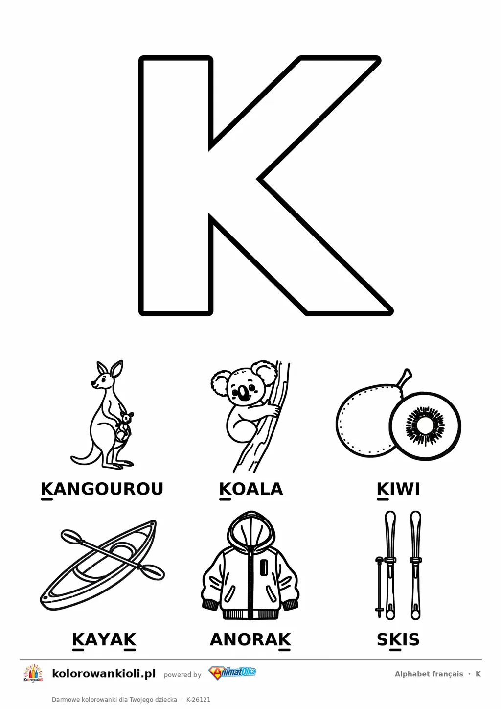 Alfabet francuski, litera K do kolorowania i sześć obrazków: kangourou, koala, kiwi, kayak, anorak, skis — karta do druku