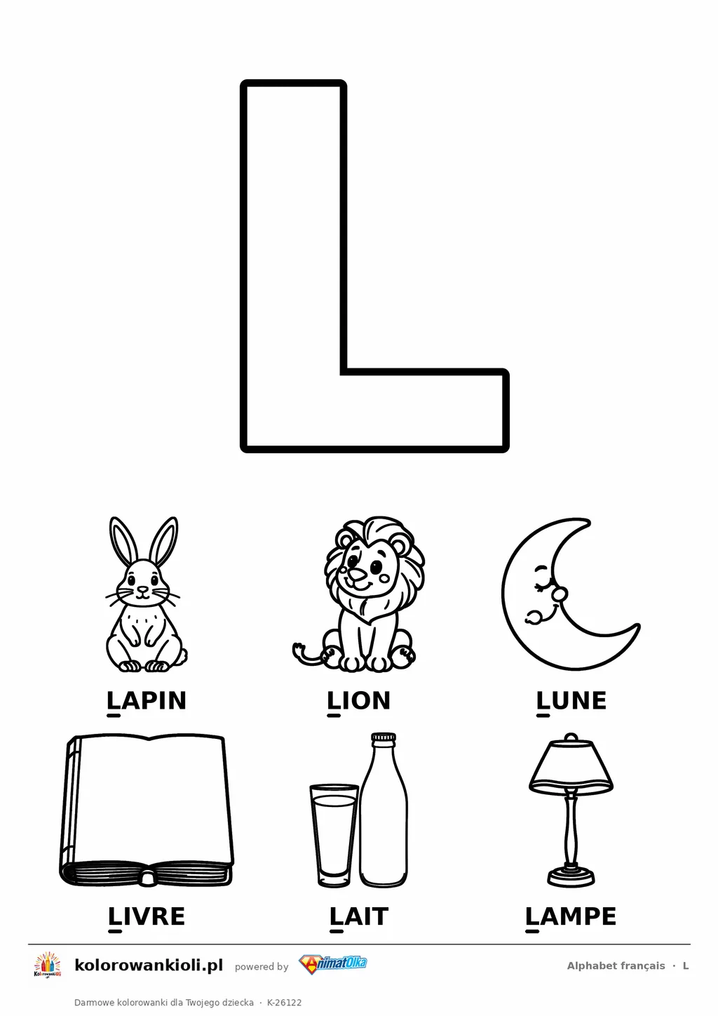 Alfabet francuski, litera L do kolorowania i sześć obrazków: lapin, lion, lune, livre, lait, lampe — karta do druku