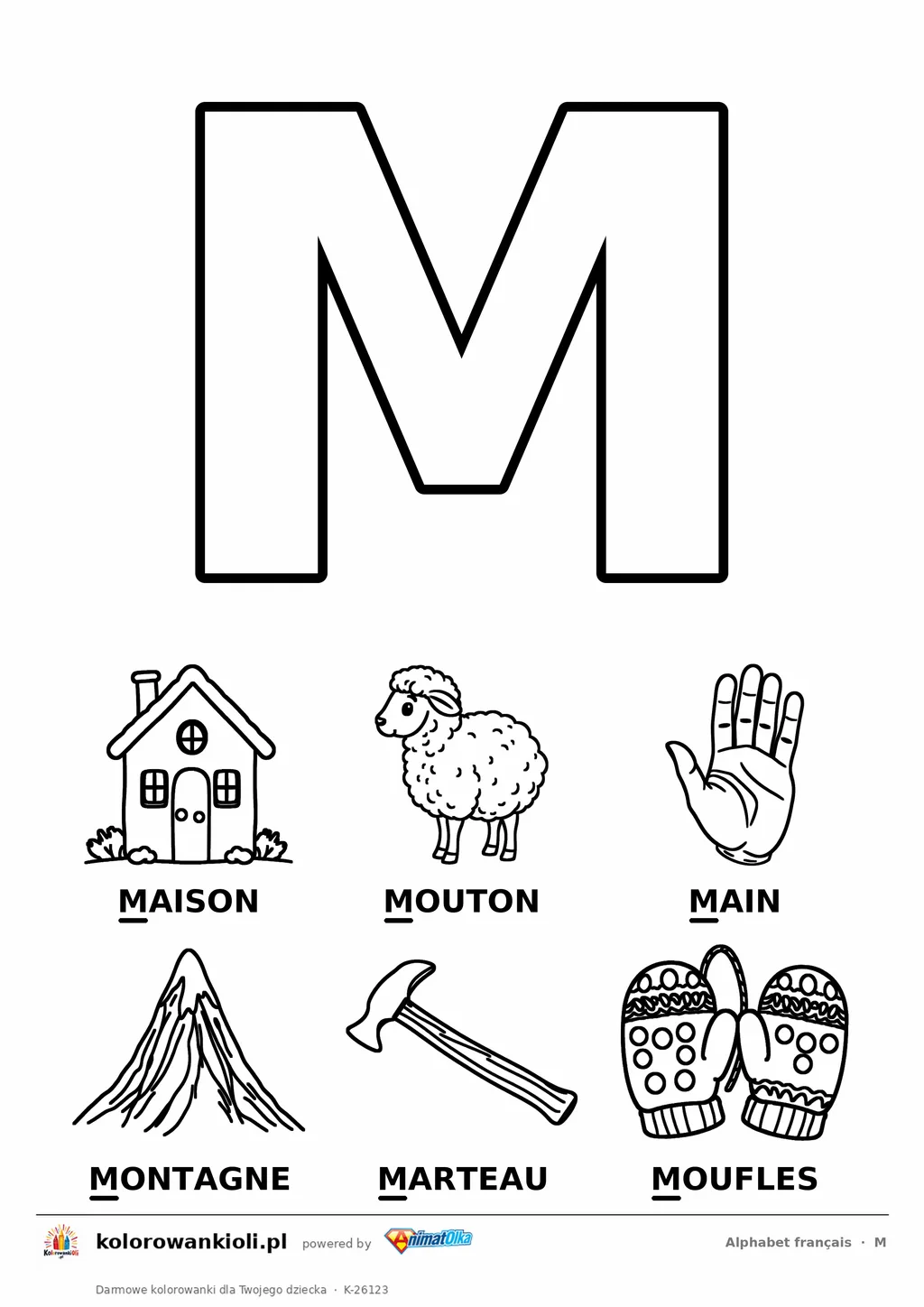 Alfabet francuski, litera M do kolorowania i sześć obrazków: maison, mouton, main, montagne, marteau, moufles — karta do druku