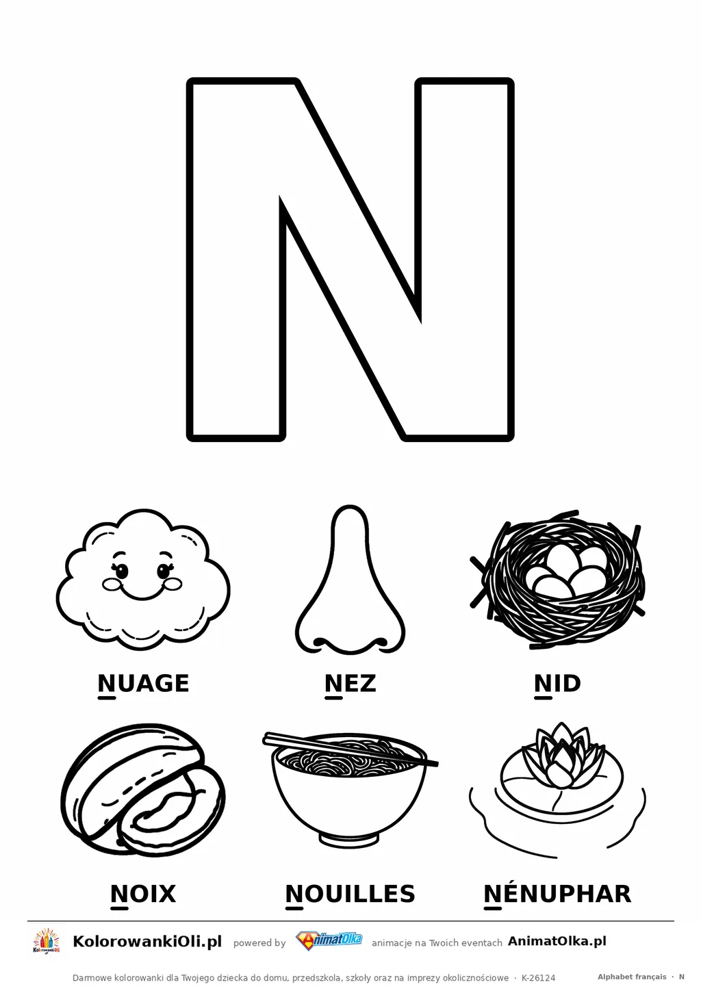 Alfabet francuski, litera N do kolorowania i sześć obrazków: nuage, nez, nid, noix, nouilles, nénuphar — karta do druku