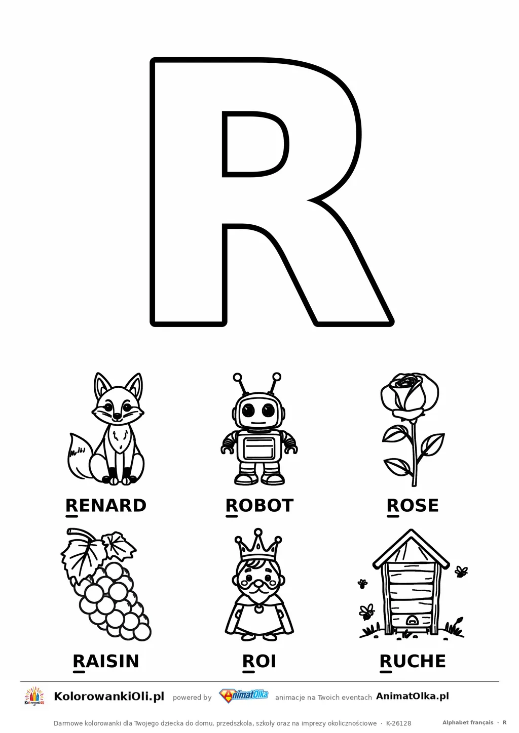 Alfabet francuski, litera R do kolorowania i sześć obrazków: renard, robot, rose, raisin, roi, ruche — karta do druku