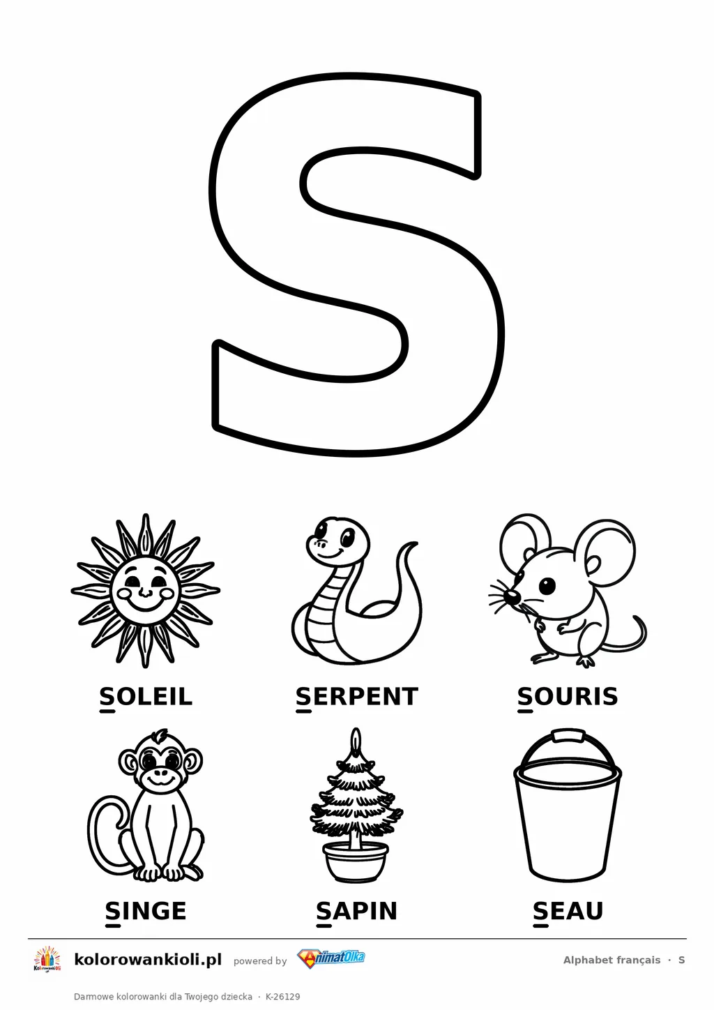 Alfabet francuski, litera S do kolorowania i sześć obrazków: soleil, serpent, souris, singe, sapin, seau — karta do druku