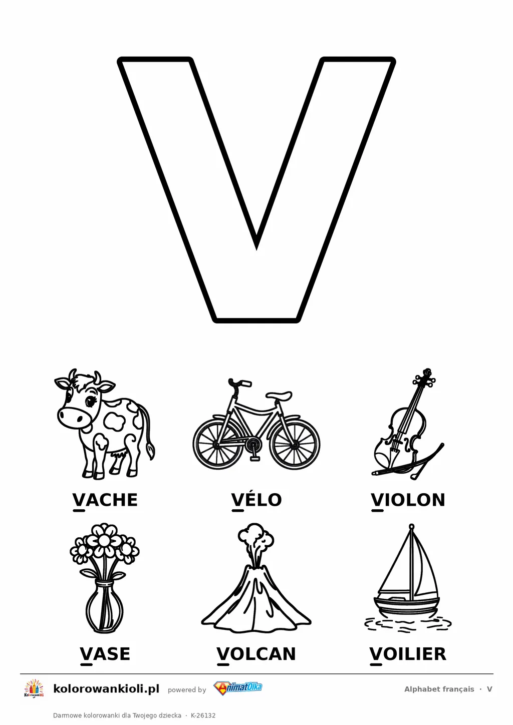 Alfabet francuski, litera V do kolorowania i sześć obrazków: vache, vélo, violon, vase, volcan, voilier — karta do druku