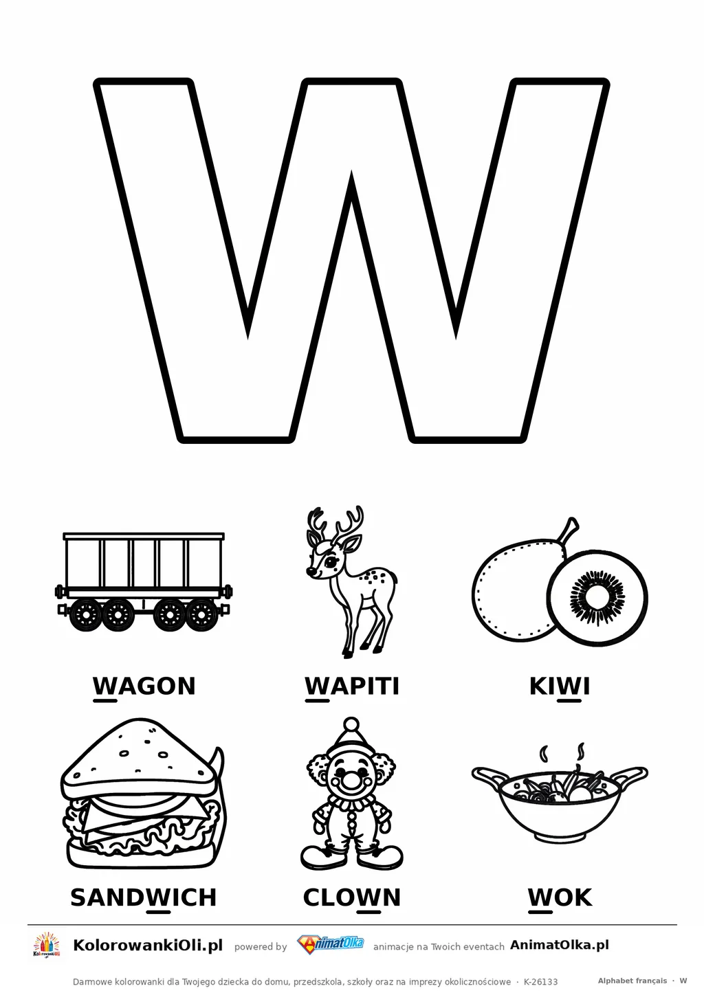 Alfabet francuski, litera W do kolorowania i sześć obrazków: wagon, wapiti, kiwi, sandwich, clown, wok — karta do druku