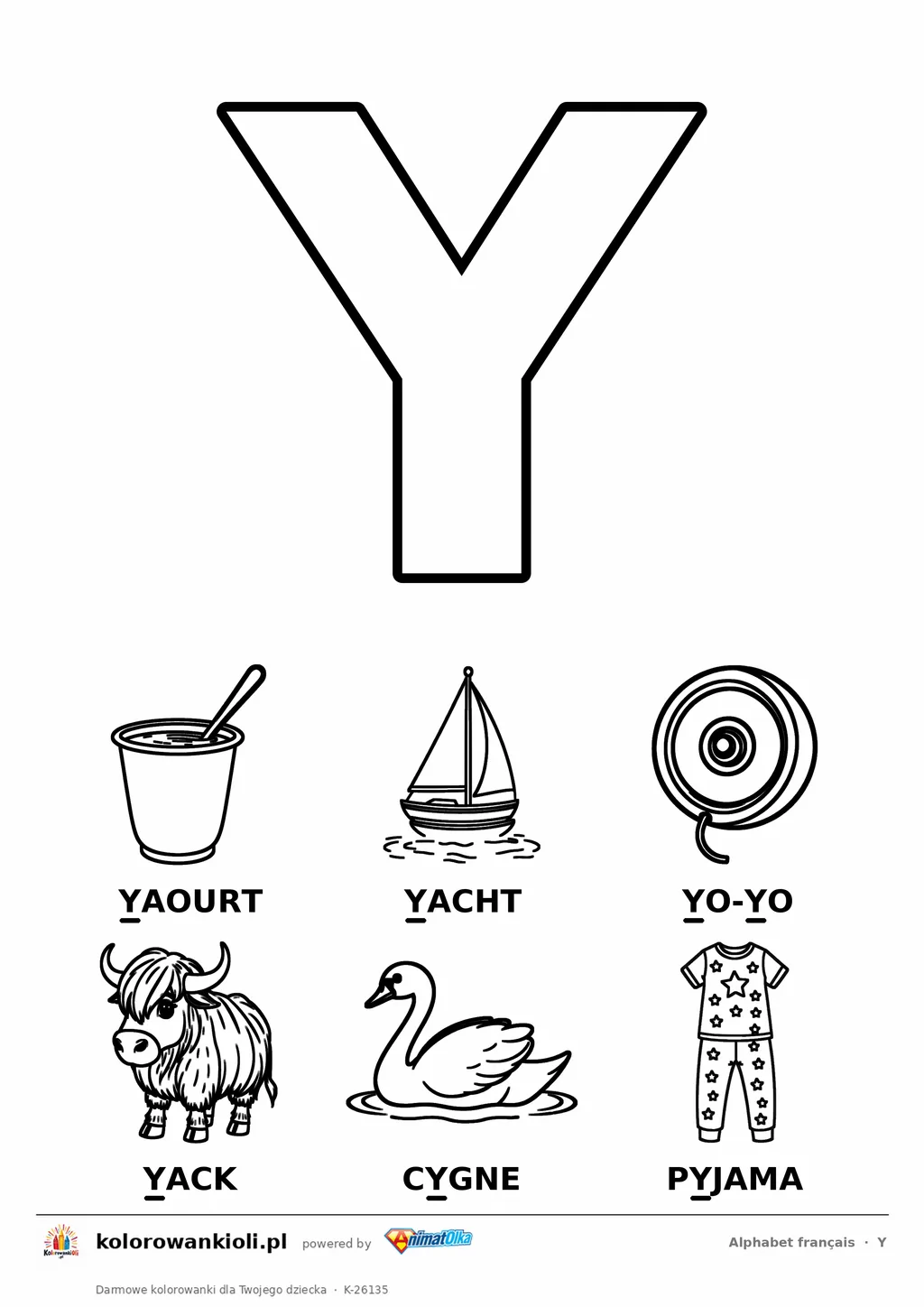 Alfabet francuski, litera Y do kolorowania i sześć obrazków: yaourt, yacht, yo-yo, yack, cygne, pyjama — karta do druku