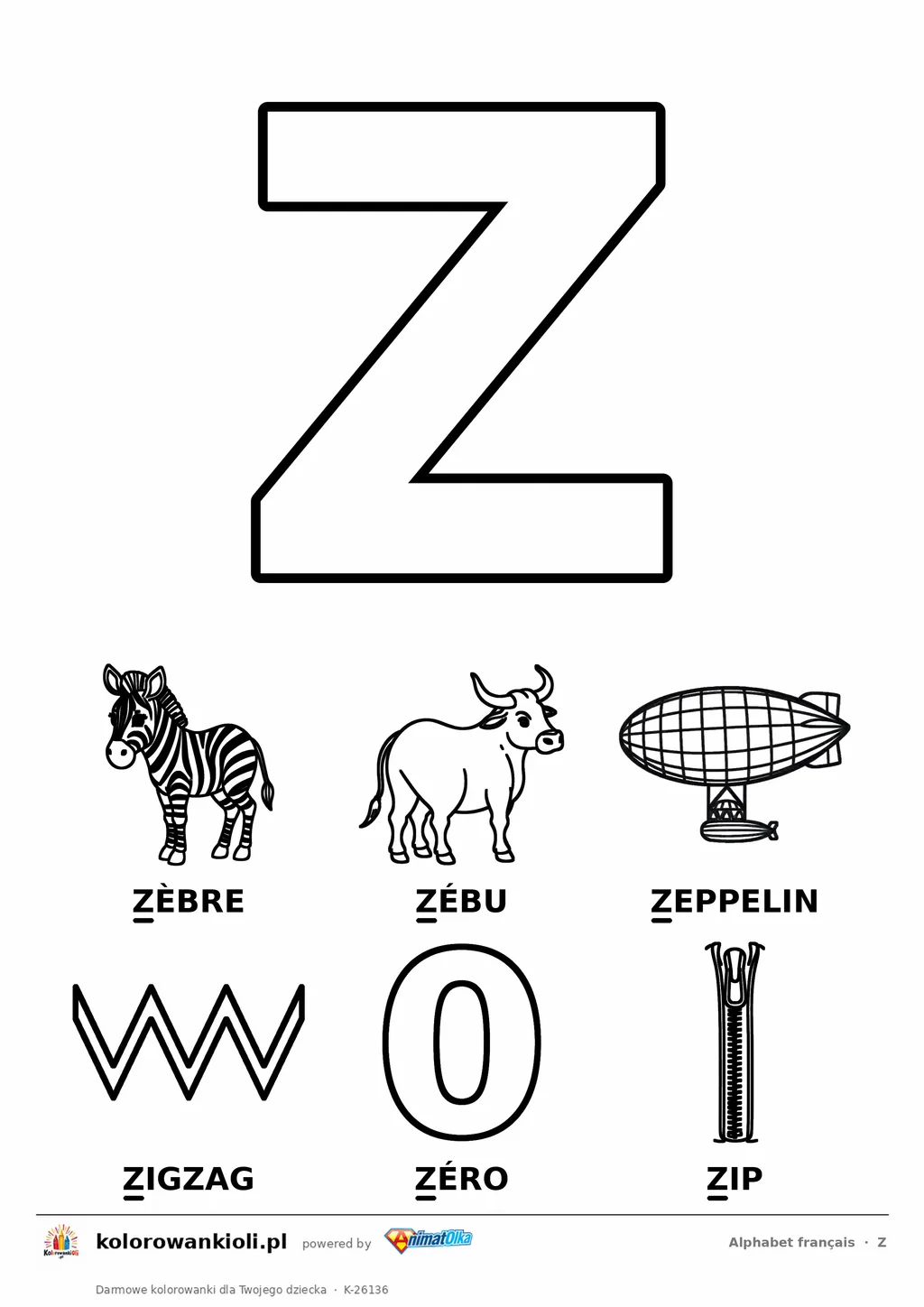 Alfabet francuski, litera Z do kolorowania i sześć obrazków: zèbre, zébu, zeppelin, zigzag, zéro, zip — karta do druku