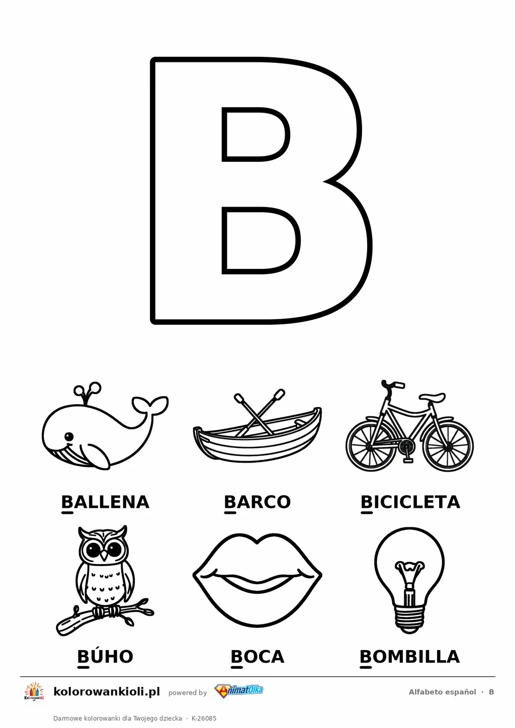 Alfabet hiszpański, litera B do kolorowania i sześć obrazków: ballena, barco, bicicleta, búho, boca, bombilla — karta do druku
