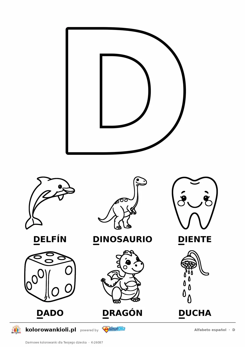 Alfabet hiszpański, litera D do kolorowania i sześć obrazków: delfín, dinosaurio, diente, dado, dragón, ducha — karta do druku