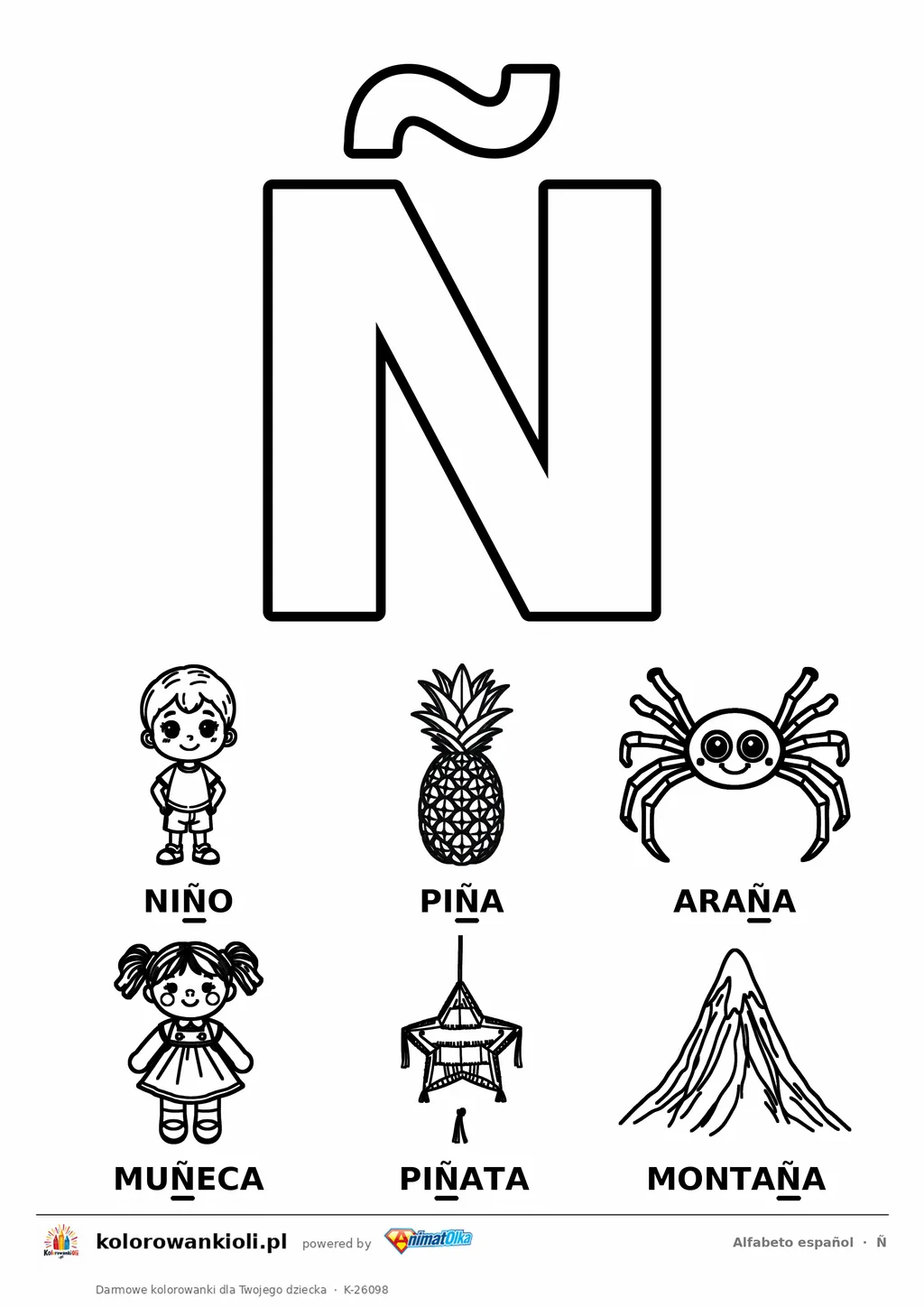 Alfabet hiszpański, litera Ñ do kolorowania i sześć obrazków: niño, piña, araña, muñeca, piñata, montaña — karta do druku