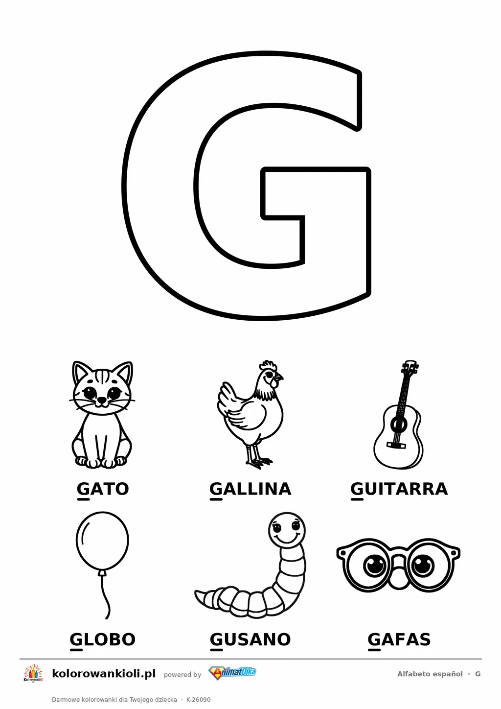 Alfabet hiszpański, litera G do kolorowania i sześć obrazków: gato, gallina, guitarra, globo, gusano, gafas — karta do druku