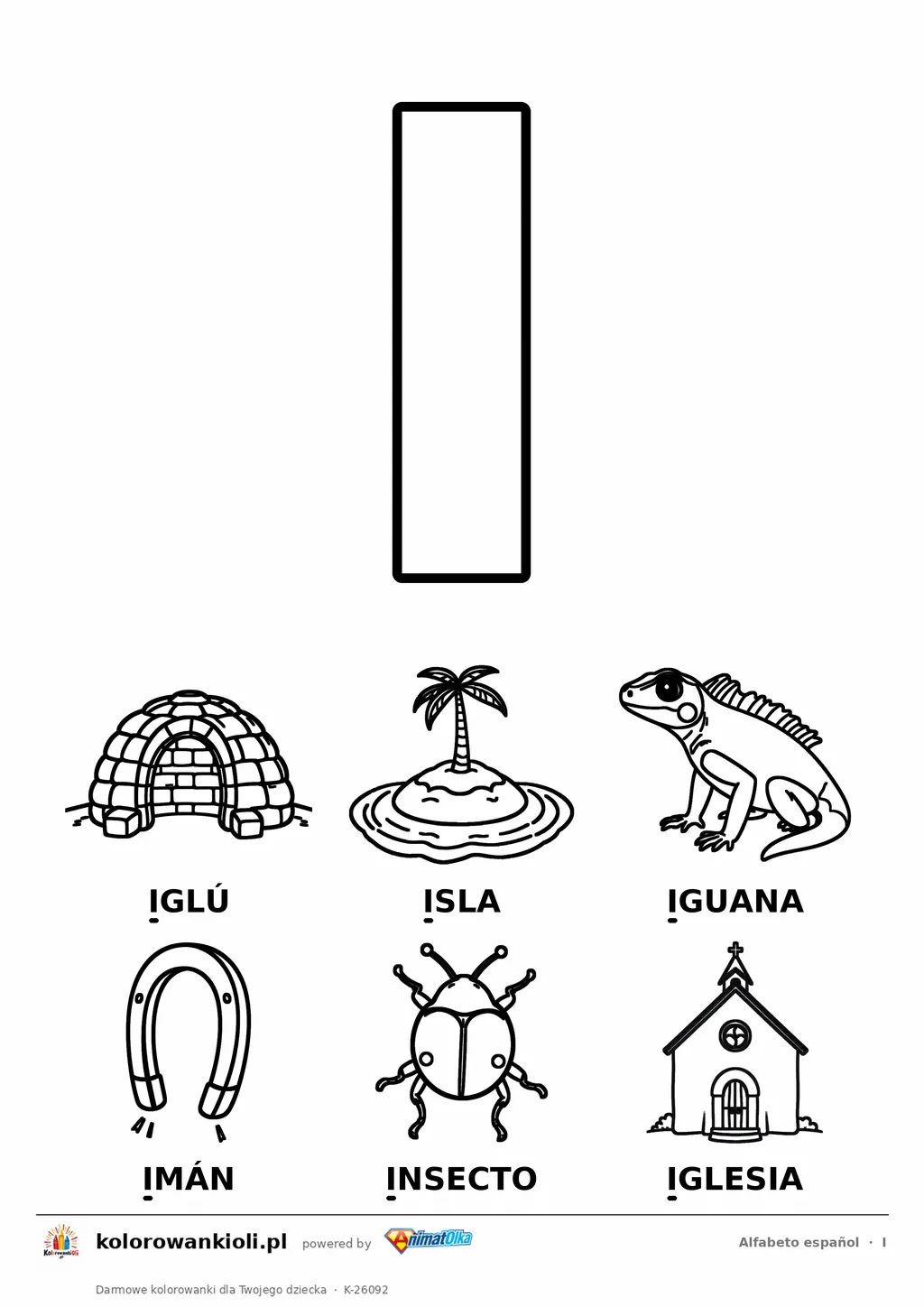 Alfabet hiszpański, litera I do kolorowania i sześć obrazków: iglú, isla, iguana, imán, insecto, iglesia — karta do druku