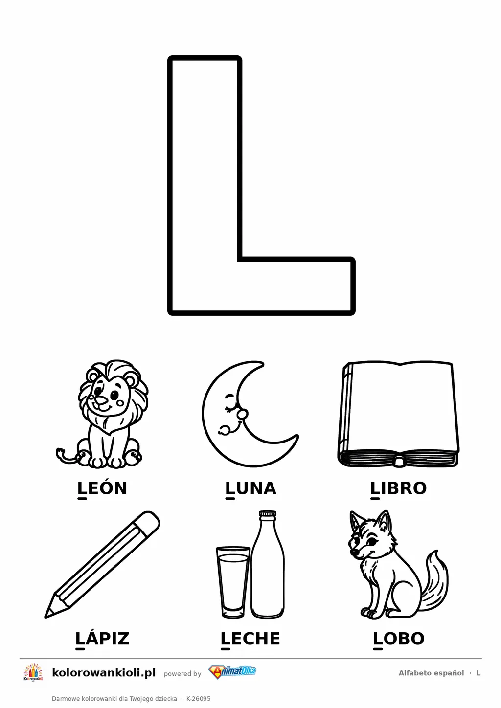 Alfabet hiszpański, litera L do kolorowania i sześć obrazków: león, luna, libro, lápiz, leche, lobo — karta do druku