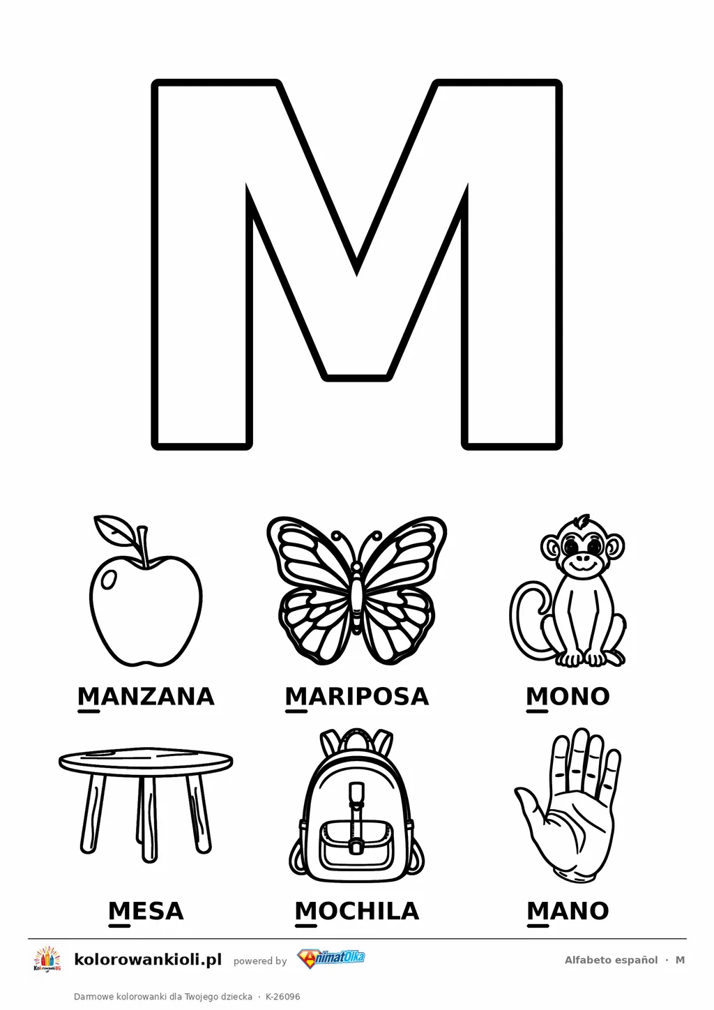 Alfabet hiszpański, litera M do kolorowania i sześć obrazków: manzana, mariposa, mono, mesa, mochila, mano — karta do druku