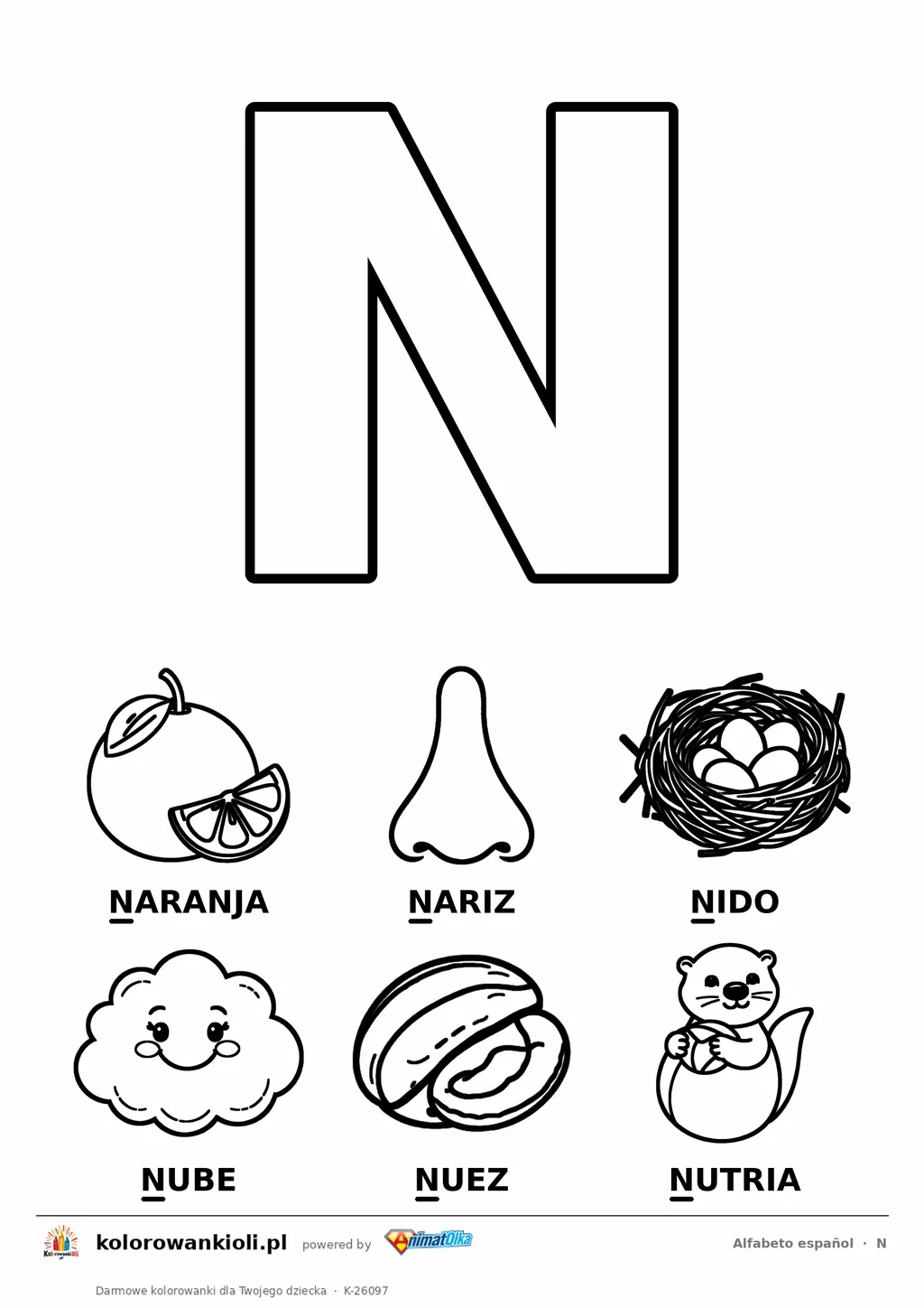 Alfabet hiszpański, litera N do kolorowania i sześć obrazków: naranja, nariz, nido, nube, nuez, nutria — karta do druku