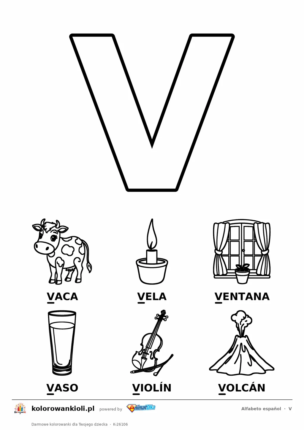 Alfabet hiszpański, litera V do kolorowania i sześć obrazków: vaca, vela, ventana, vaso, violín, volcán — karta do druku