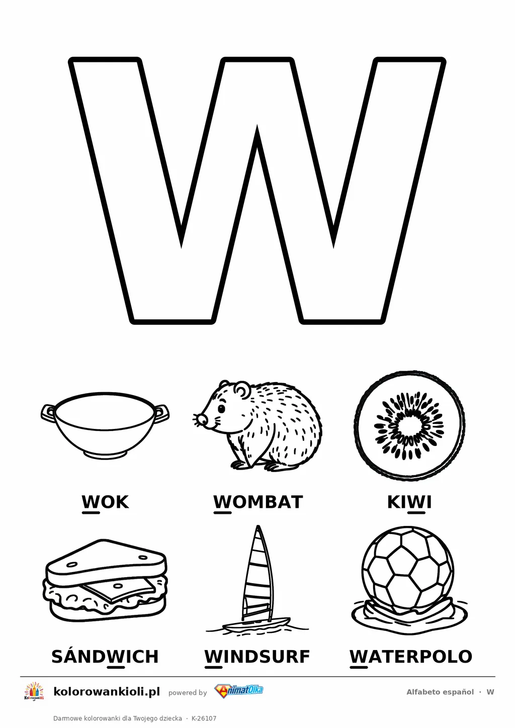 Alfabet hiszpański, litera W do kolorowania i sześć obrazków: wok, wombat, kiwi, sándwich, windsurf, waterpolo — karta do druku