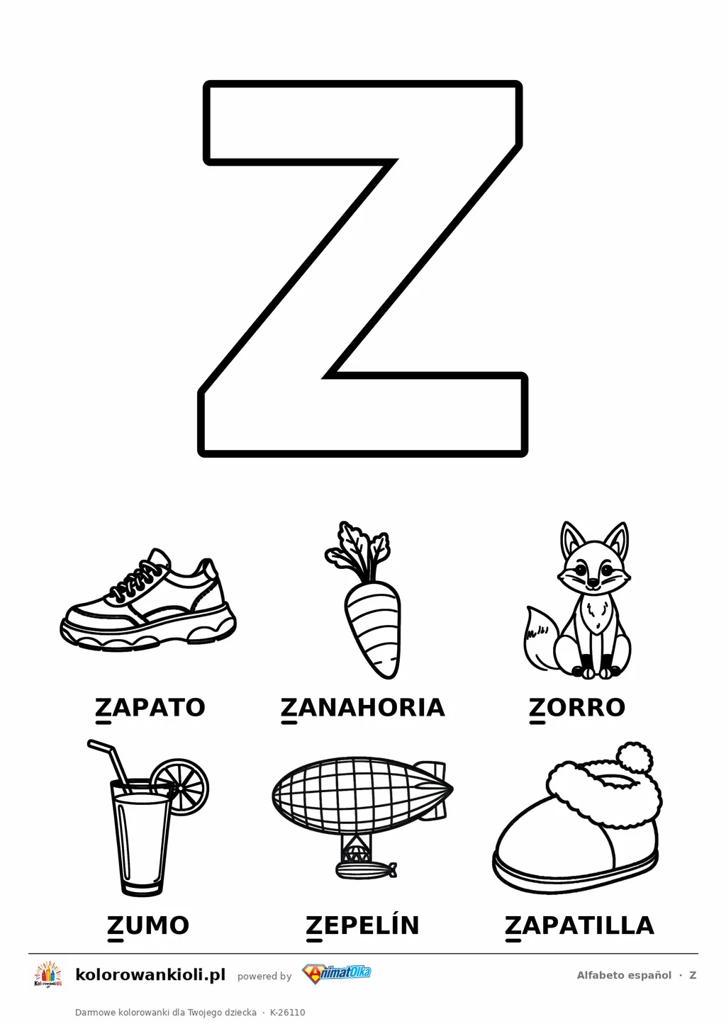 Alfabet hiszpański, litera Z do kolorowania i sześć obrazków: zapato, zanahoria, zorro, zumo, zepelín, zapatilla — karta do druku