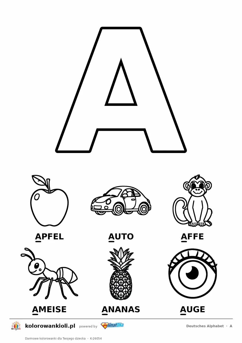 Niemiecki alfabet, litera A do kolorowania i sześć obrazków: Apfel, Auto, Affe, Ameise, Ananas, Auge — karta do druku