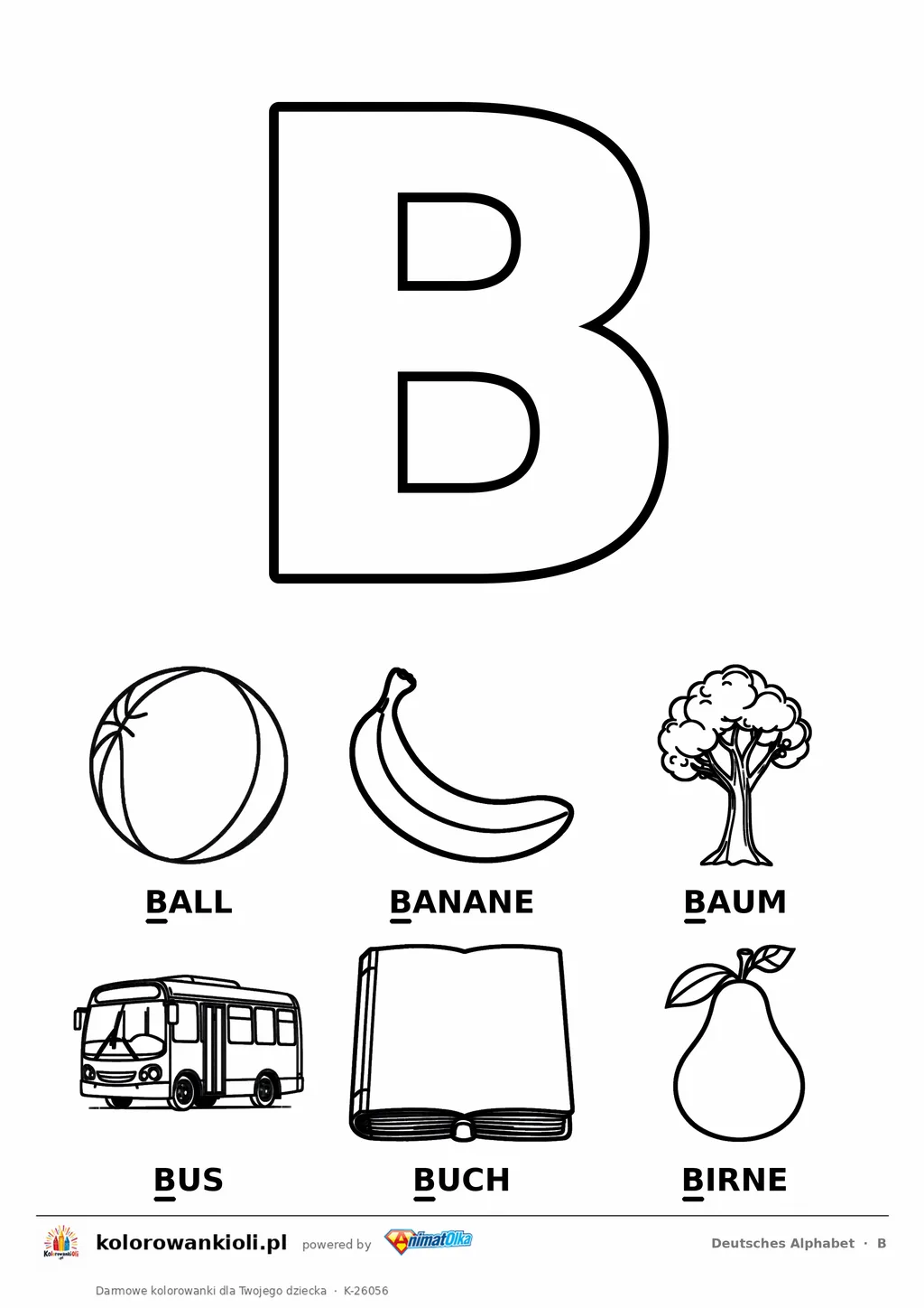 Niemiecki alfabet, litera B do kolorowania i sześć obrazków: Ball, Banane, Baum, Bus, Buch, Birne — karta do druku