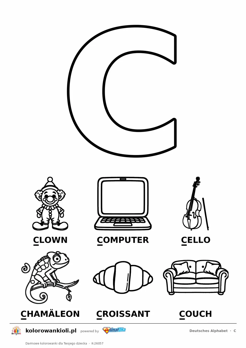 Niemiecki alfabet, litera C do kolorowania i sześć obrazków: Clown, Computer, Cello, Chamäleon, Croissant, Couch — karta do druku