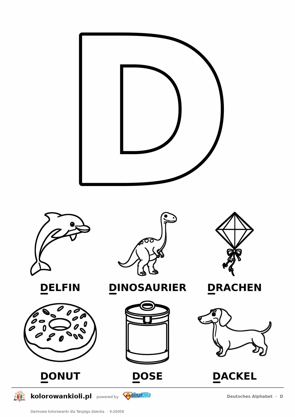Niemiecki alfabet, litera D do kolorowania i sześć obrazków: Delfin, Dinosaurier, Drachen, Donut, Dose, Dackel — karta do druku