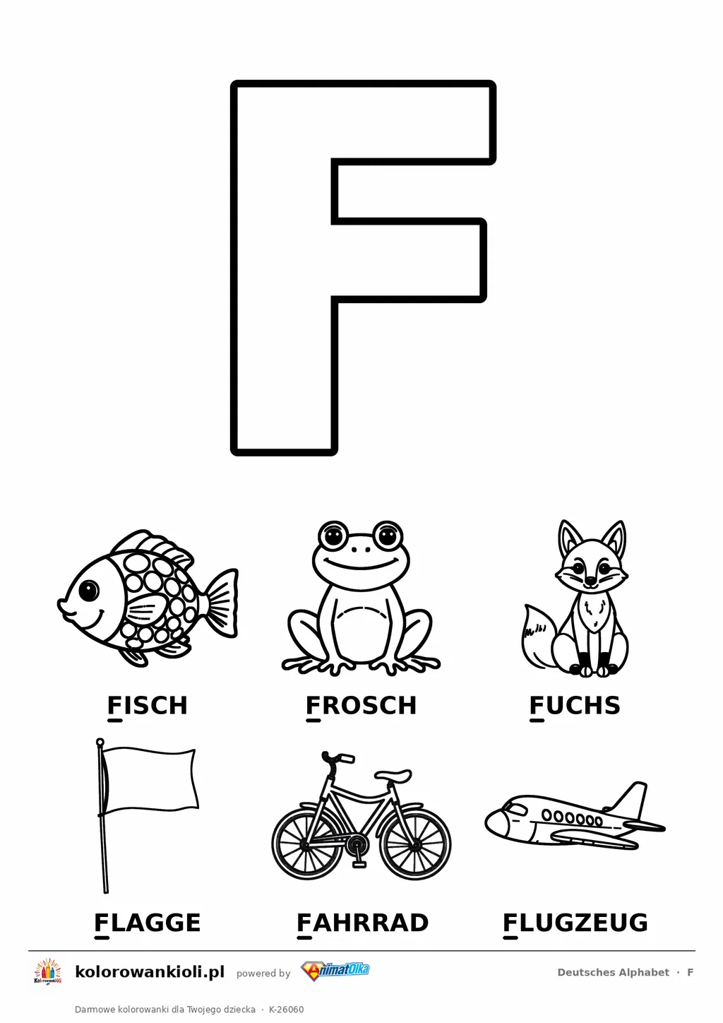 Niemiecki alfabet, litera F do kolorowania i sześć obrazków: Fisch, Frosch, Fuchs, Flagge, Fahrrad, Flugzeug — karta do druku