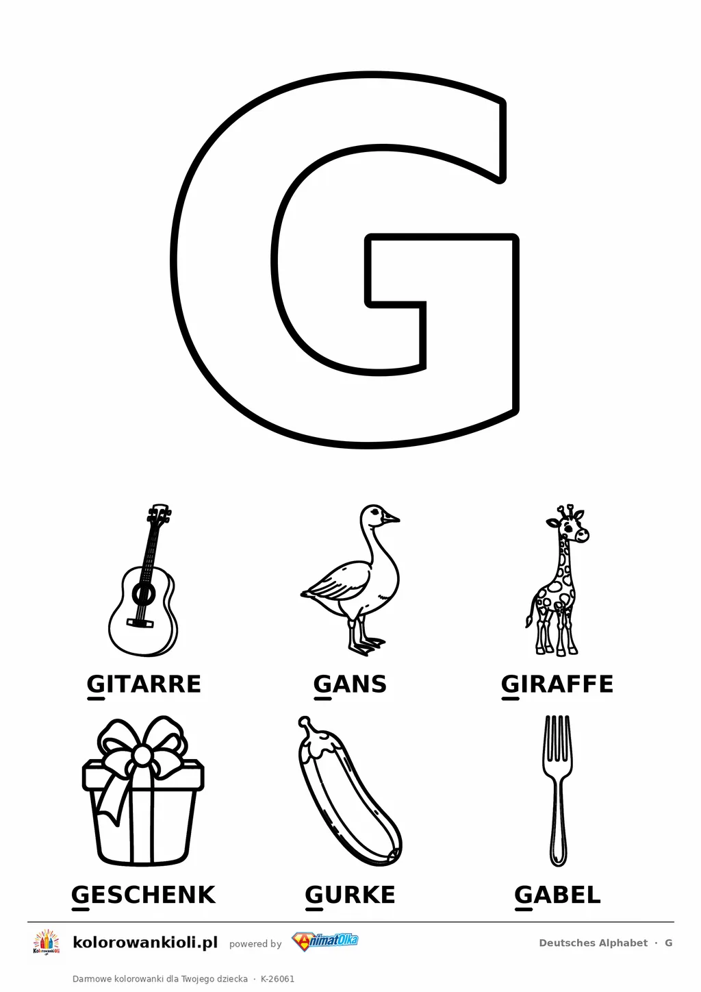 Niemiecki alfabet, litera G do kolorowania i sześć obrazków: Gitarre, Gans, Giraffe, Geschenk, Gurke, Gabel — karta do druku