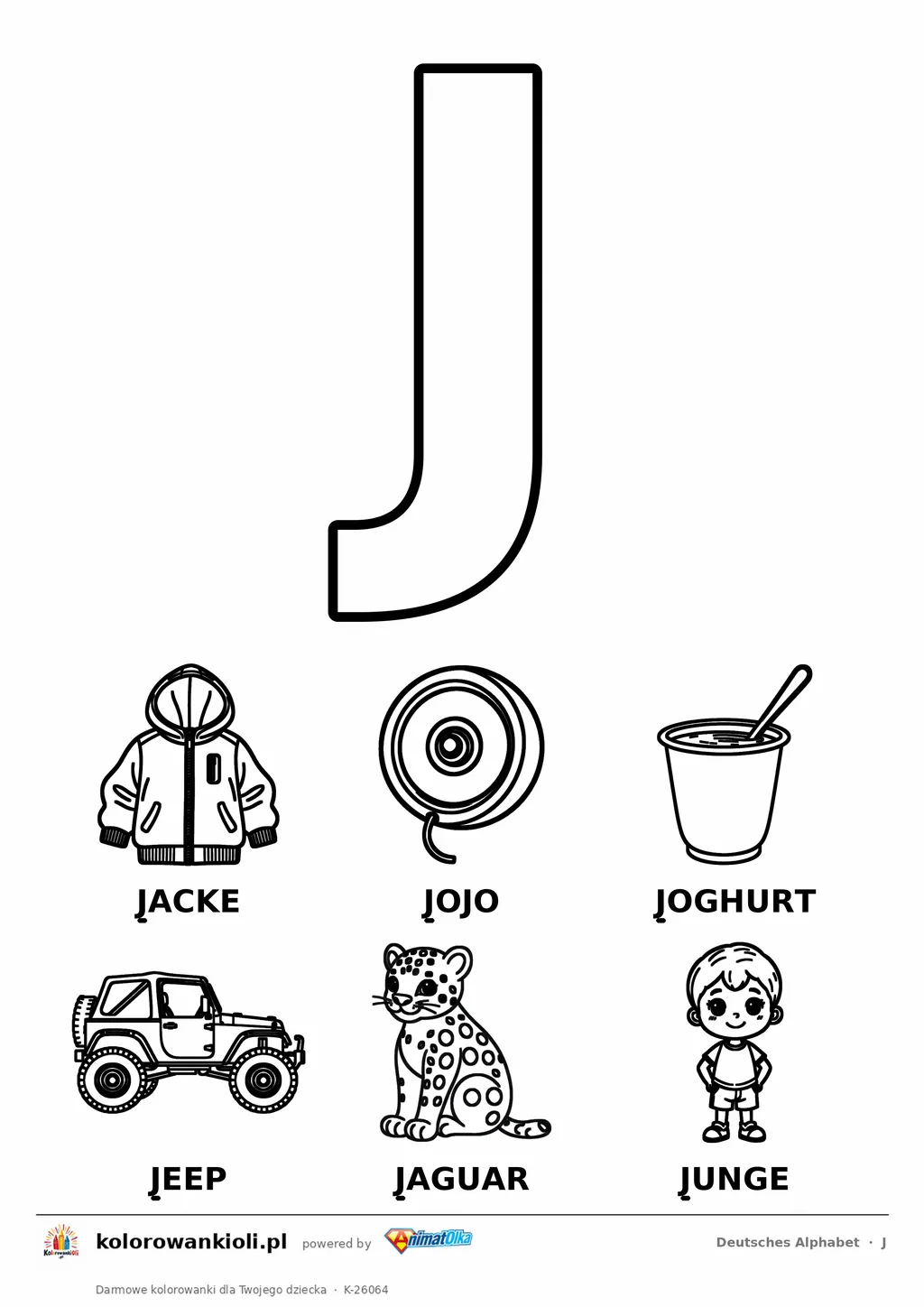 Niemiecki alfabet, litera J do kolorowania i sześć obrazków: Jacke, Jojo, Joghurt, Jeep, Jaguar, Junge — karta do druku