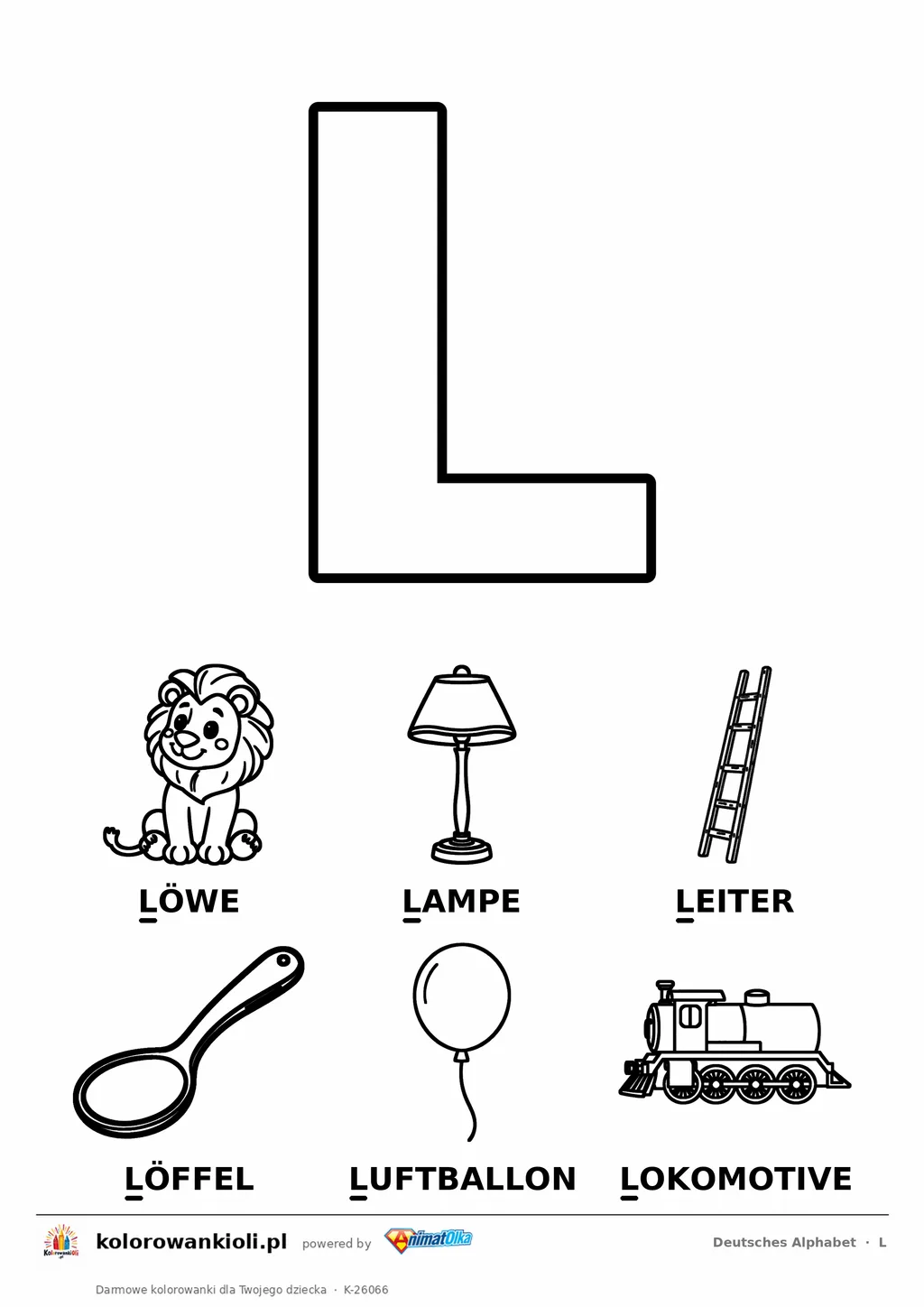 Niemiecki alfabet, litera L do kolorowania i sześć obrazków: Löwe, Lampe, Leiter, Löffel, Luftballon, Lokomotive — karta do druku