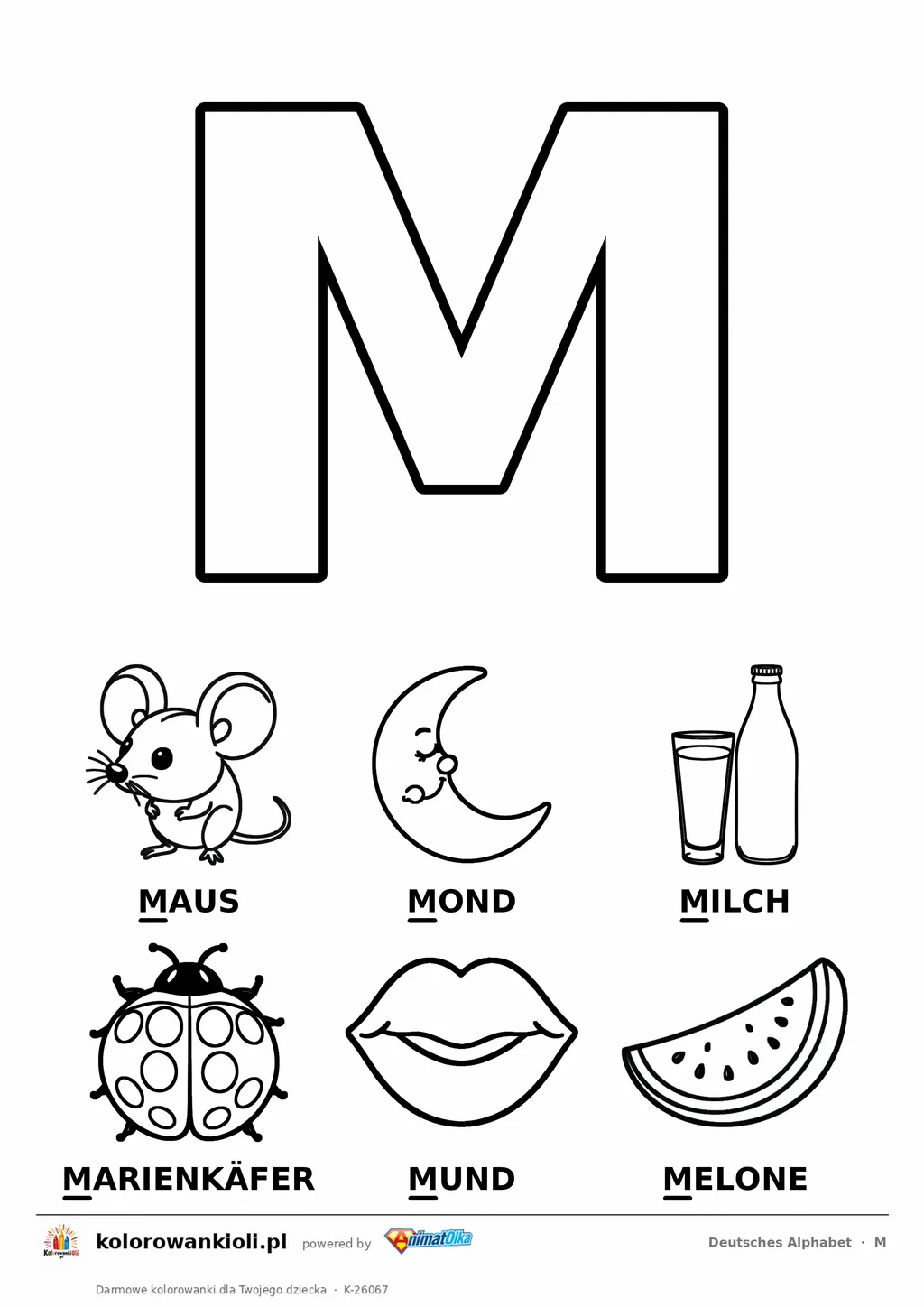 Niemiecki alfabet, litera M do kolorowania i sześć obrazków: Maus, Mond, Milch, Marienkäfer, Mund, Melone — karta do druku
