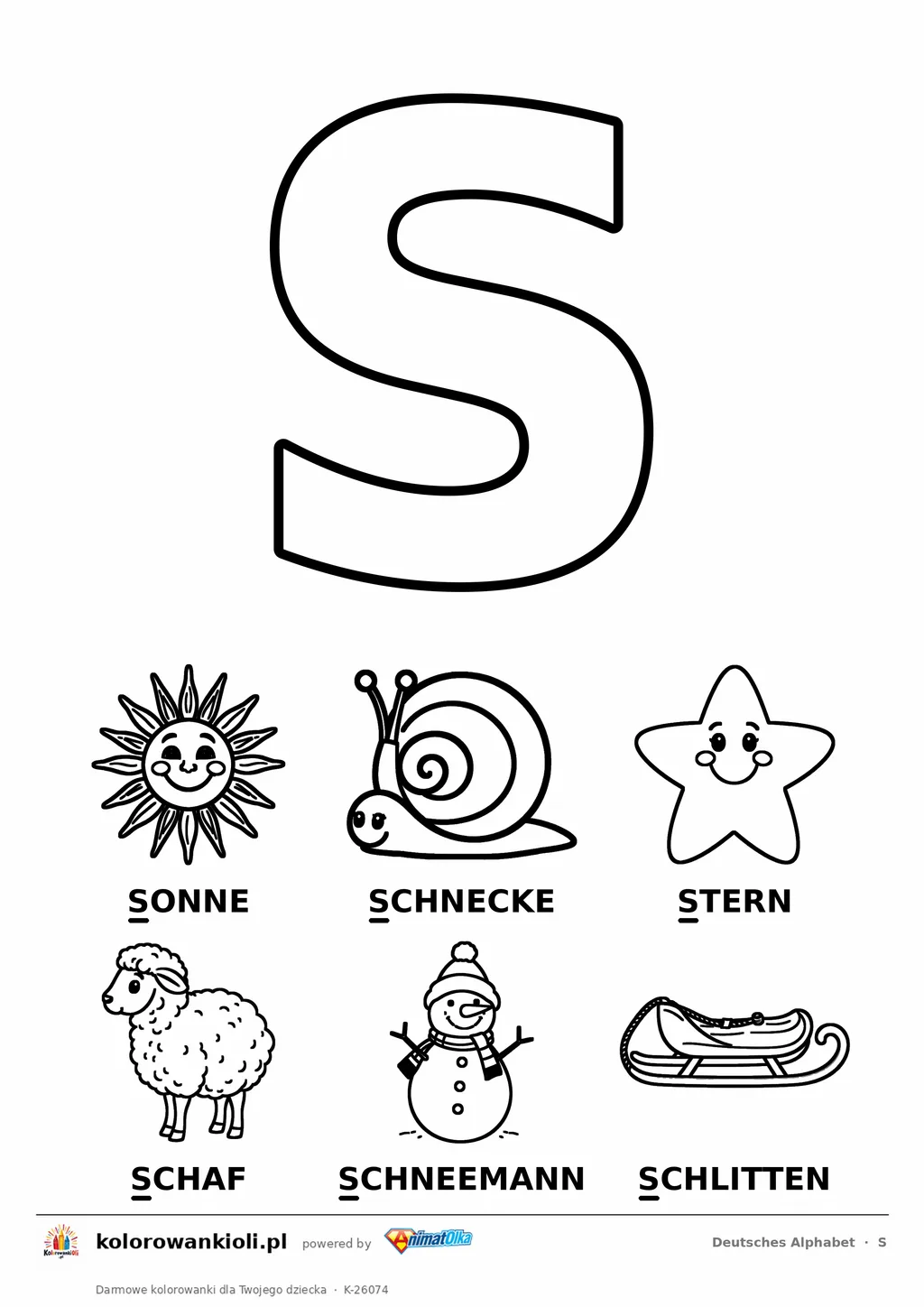 Niemiecki alfabet, litera S do kolorowania i sześć obrazków: Sonne, Schnecke, Stern, Schaf, Schneemann, Schlitten — karta do druku