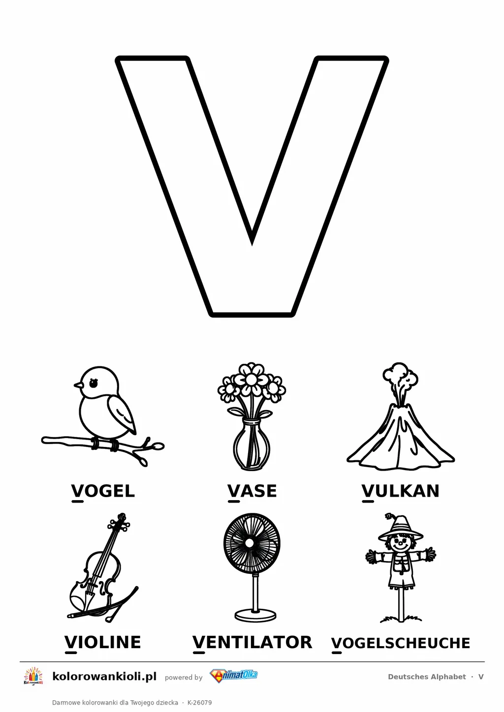 Niemiecki alfabet, litera V do kolorowania i sześć obrazków: Vogel, Vase, Vulkan, Violine, Ventilator, Vogelscheuche — karta do druku