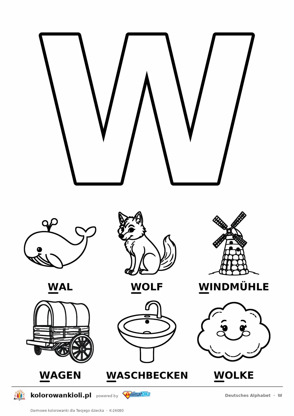 Niemiecki alfabet, litera W do kolorowania i sześć obrazków: Wal, Wolf, Windmühle, Wagen, Waschbecken, Wolke — karta do druku