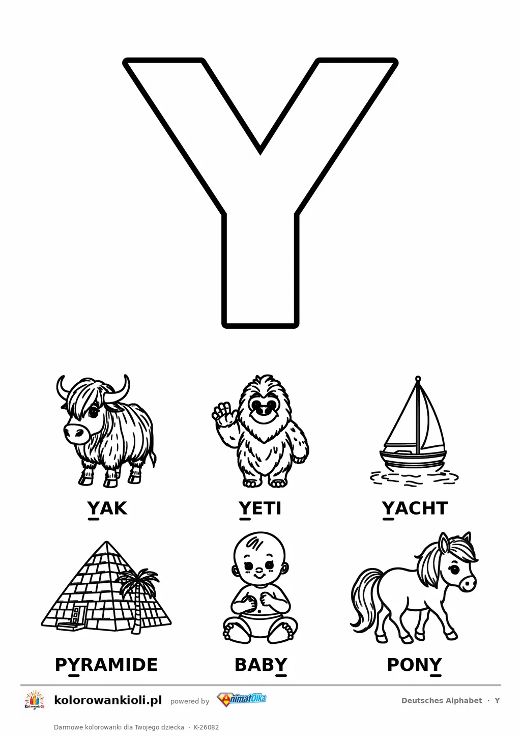 Niemiecki alfabet, litera Y do kolorowania i sześć obrazków: Yak, Yeti, Yacht, Pyramide, Baby, Pony — karta do druku