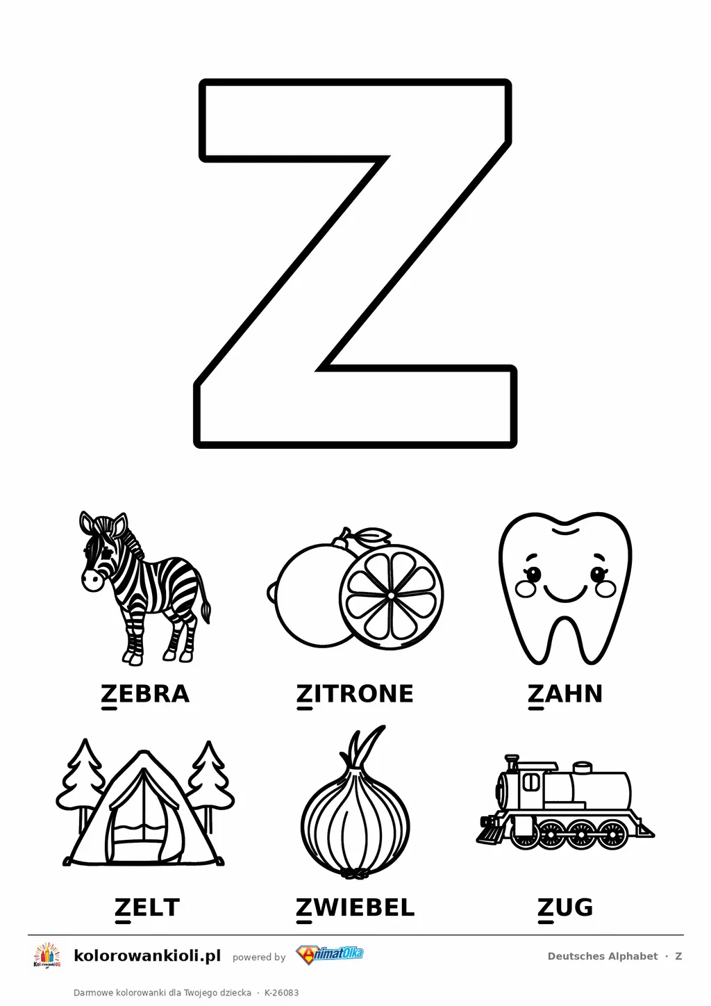 Niemiecki alfabet, litera Z do kolorowania i sześć obrazków: Zebra, Zitrone, Zahn, Zelt, Zwiebel, Zug — karta do druku